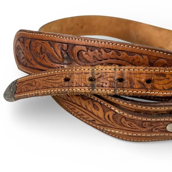 VINTAGE 90\'s Nocona 34 (M) Tooled Western Leather Silver-Tone Buckle Belt main image 6